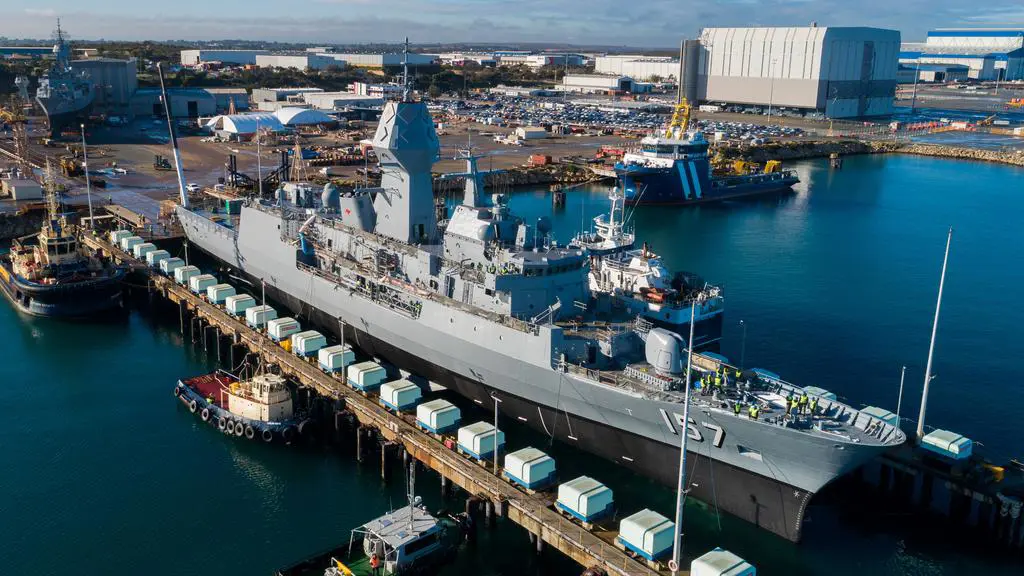 Frigate docked in the Syncrolift Shiplift at Henderson Shipyard Perth