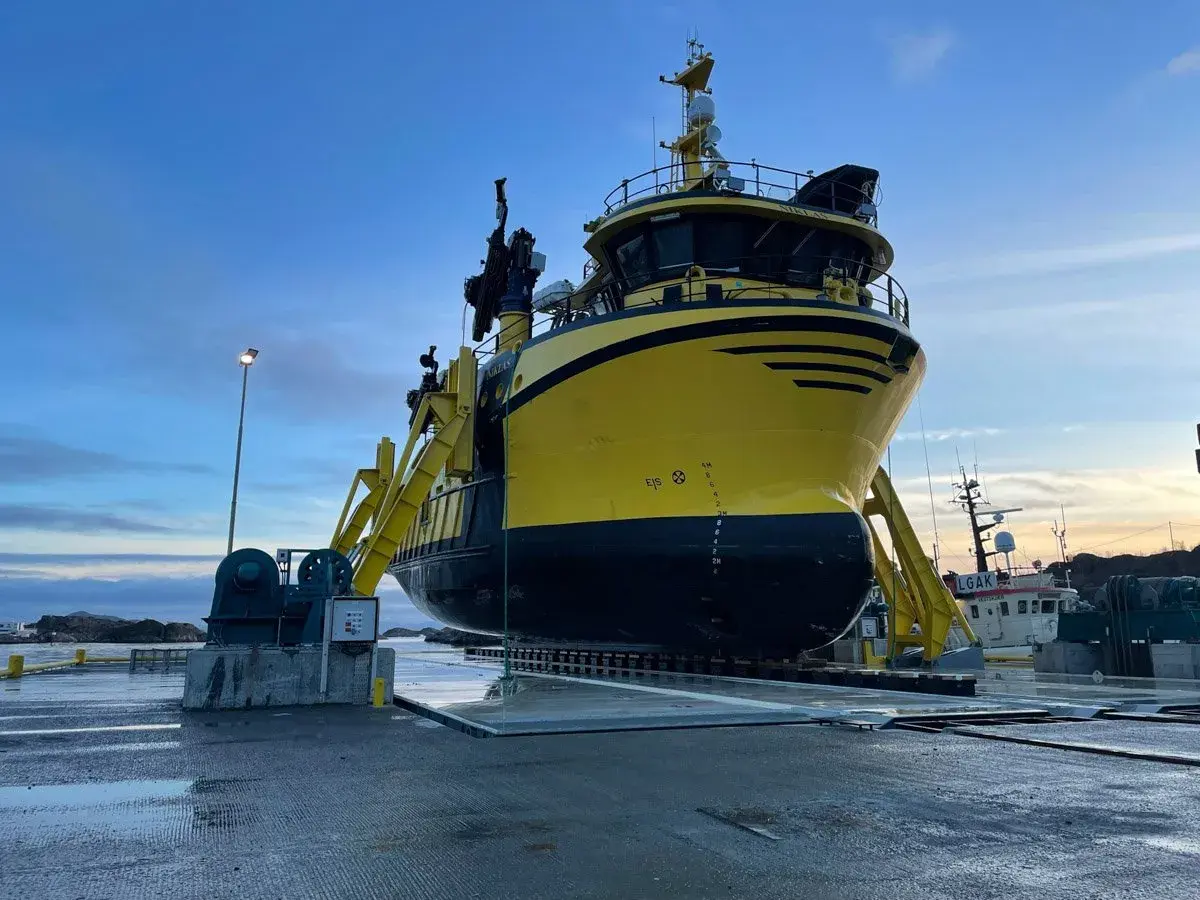 Commercial vessel on the environmental friendly platform decking at Skarvik shipyard