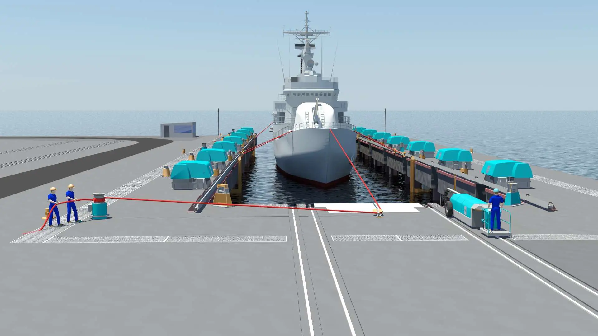 military ship being docked using the in haul and positioning system