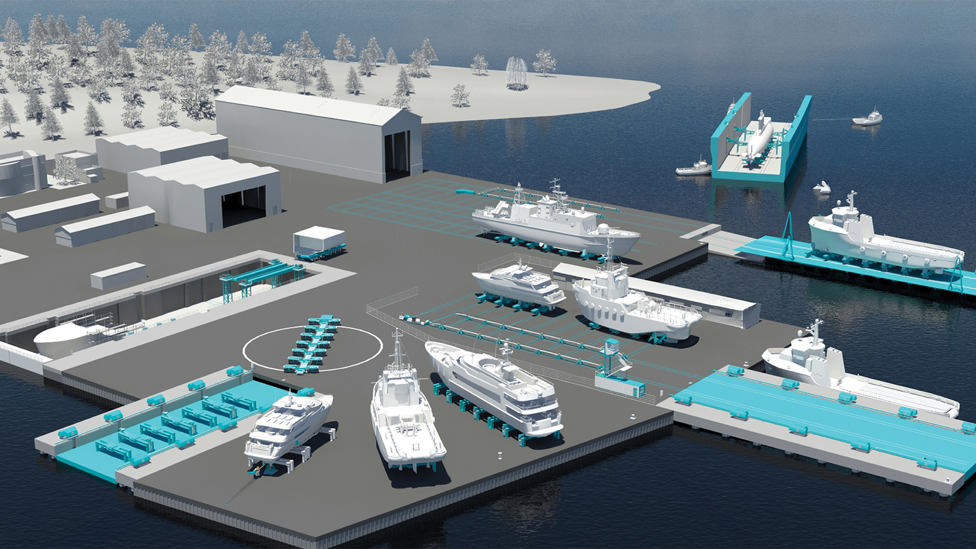 Shipyard layout with some of Syncrolift engineering portfolio showcased